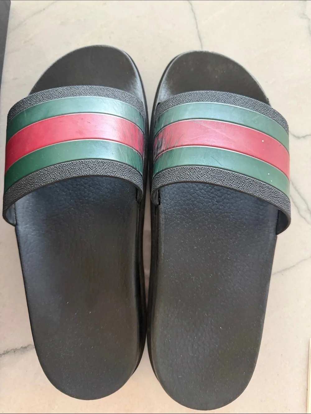 Gucci Black Slides with Green and Red Web Stripe